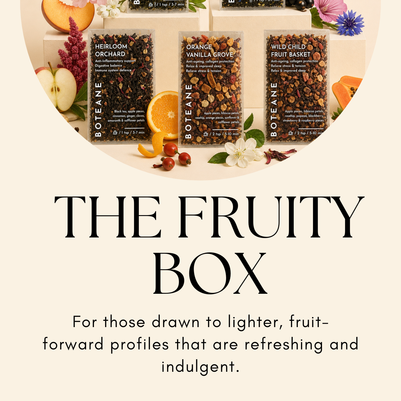 Boteane fruit boxes with fruits and flowers on a white background
