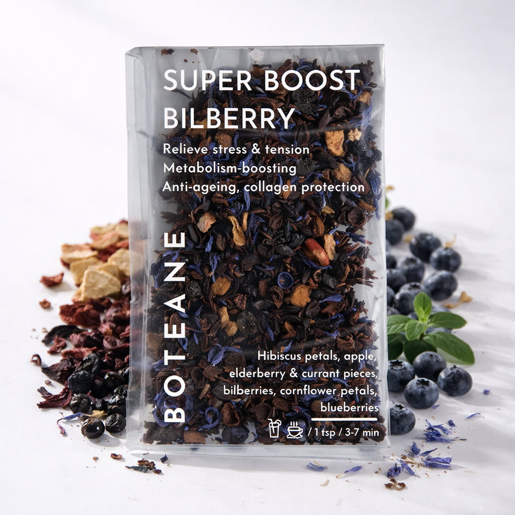 Botane Super Boost Bilberry tea package with ingredients and blueberries on a white background