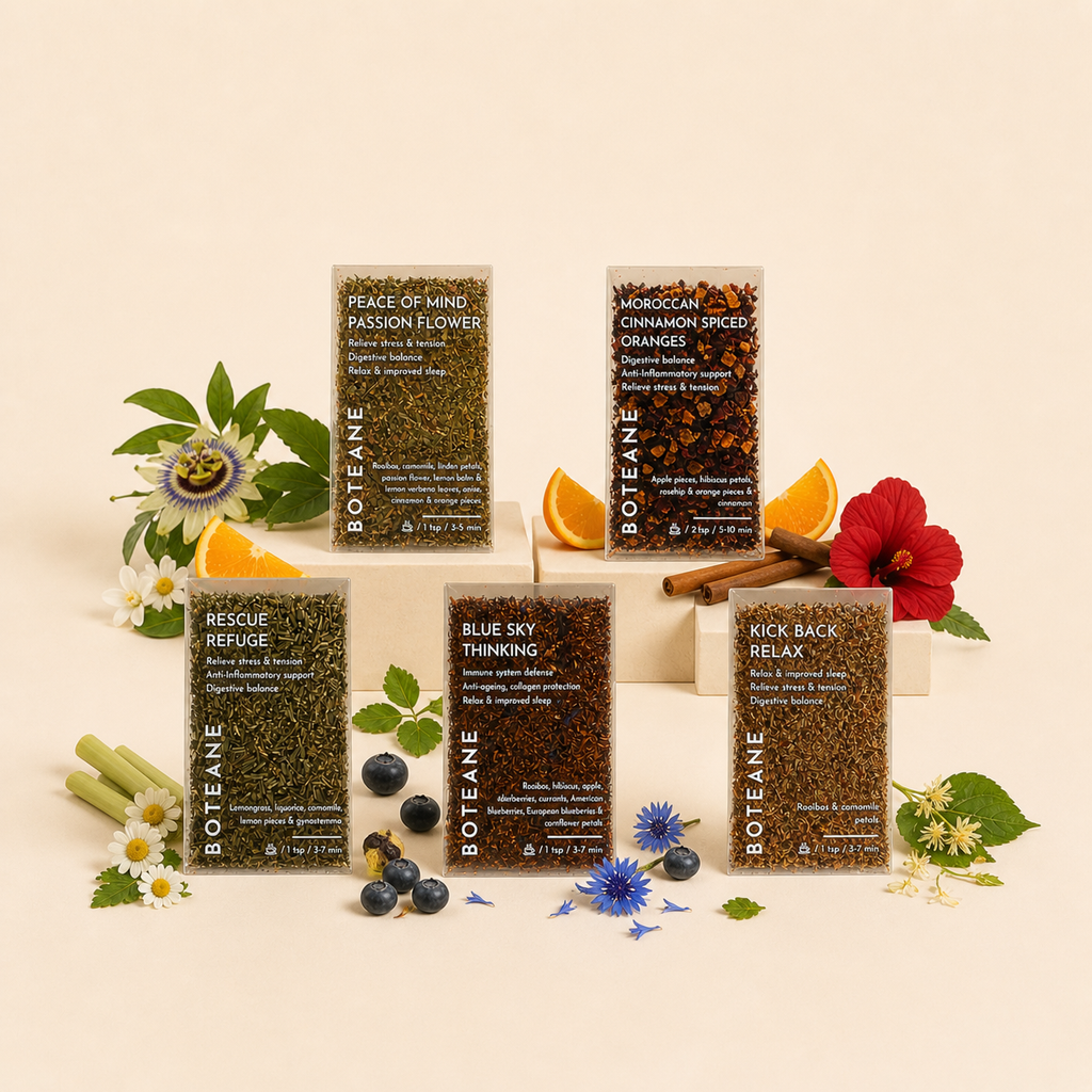 Collection of Botane products with packaging on a beige background
