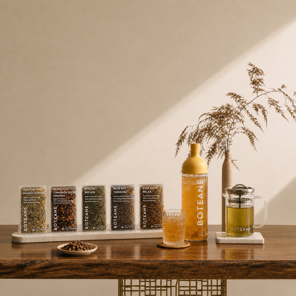 Boteane tea products on a wooden table with a neutral background
