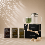 Boteane tea packaging and brewing set on a beige background