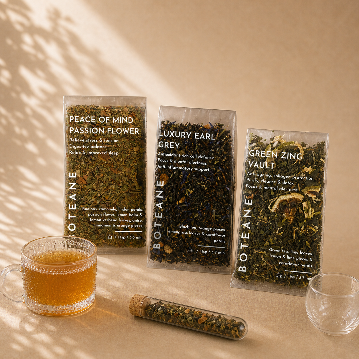 Three Boteane tea packages on a beige surface with a cup of tea and a glass.