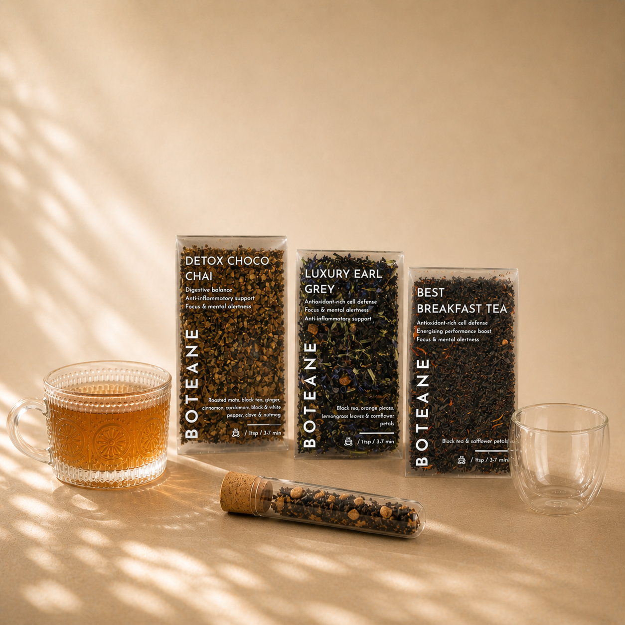 ThreeBOTANe tea packages with a cup of tea and a glass on a beige surface.
