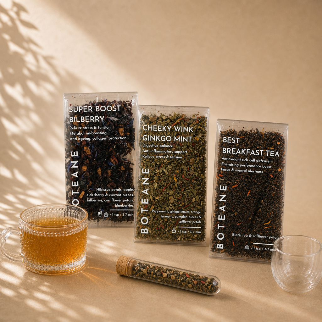 Three packages of Botane tea with a cup of tea and a glass on a beige surface.