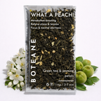 Boteane green tea and jasmine petals package with flowers and peaches on a white background