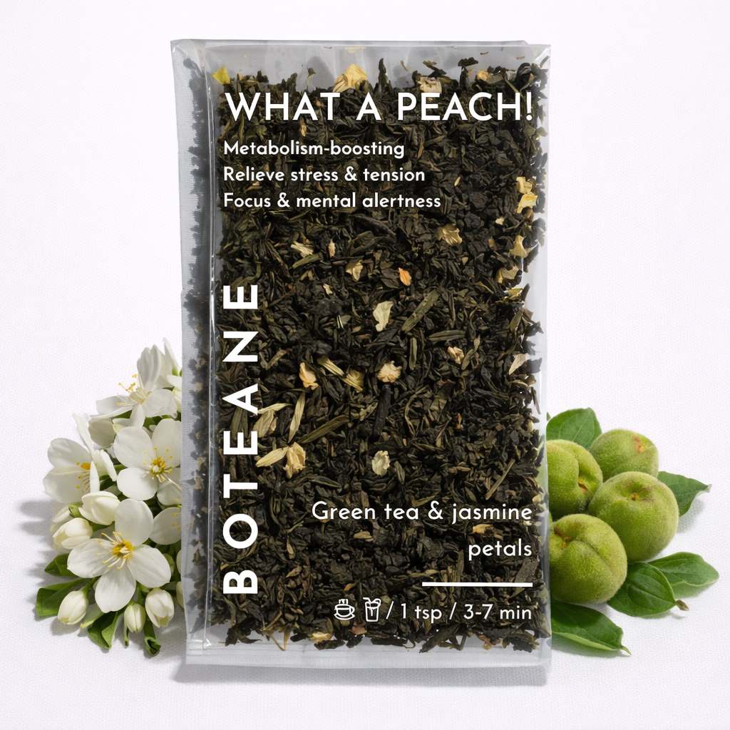 Boteane green tea and jasmine petals package with flowers and peaches on a white background