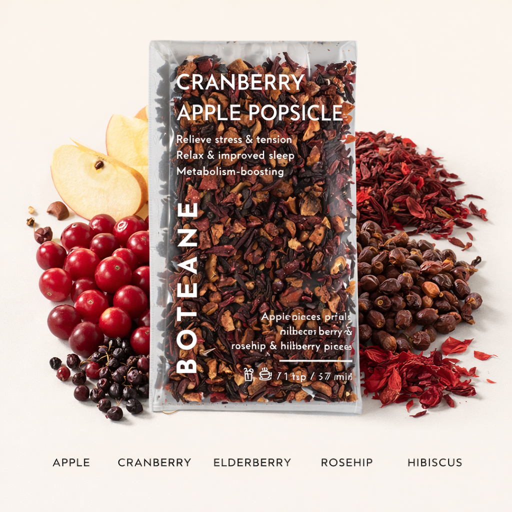 Boteane Cranberry Apple Popsicle package with ingredients on a white background