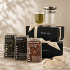 Boteane tea packaging and brewing set on a neutral background