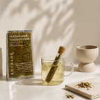 Tea package labeled 'Peace of Mind Passion Flower' by Boteane with a glass of tea and a teabag on a light surface.