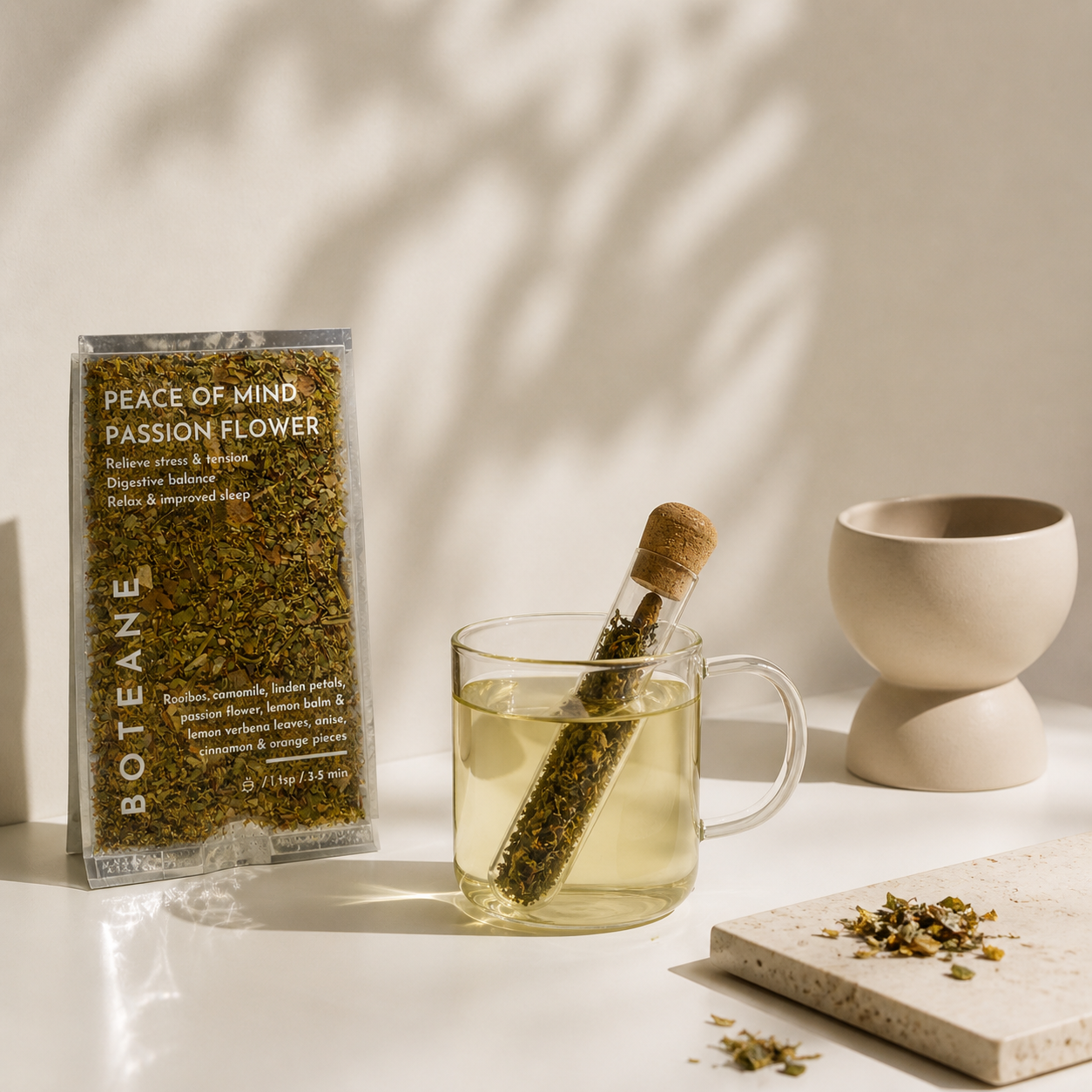 Tea package labeled 'Peace of Mind Passion Flower' by Boteane with a glass of tea and a teabag on a light surface.
