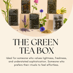 Boteane green tea boxes with flowers and text on a beige background