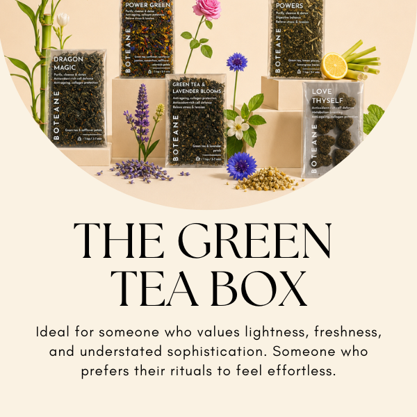 Boteane green tea boxes with flowers and text on a beige background