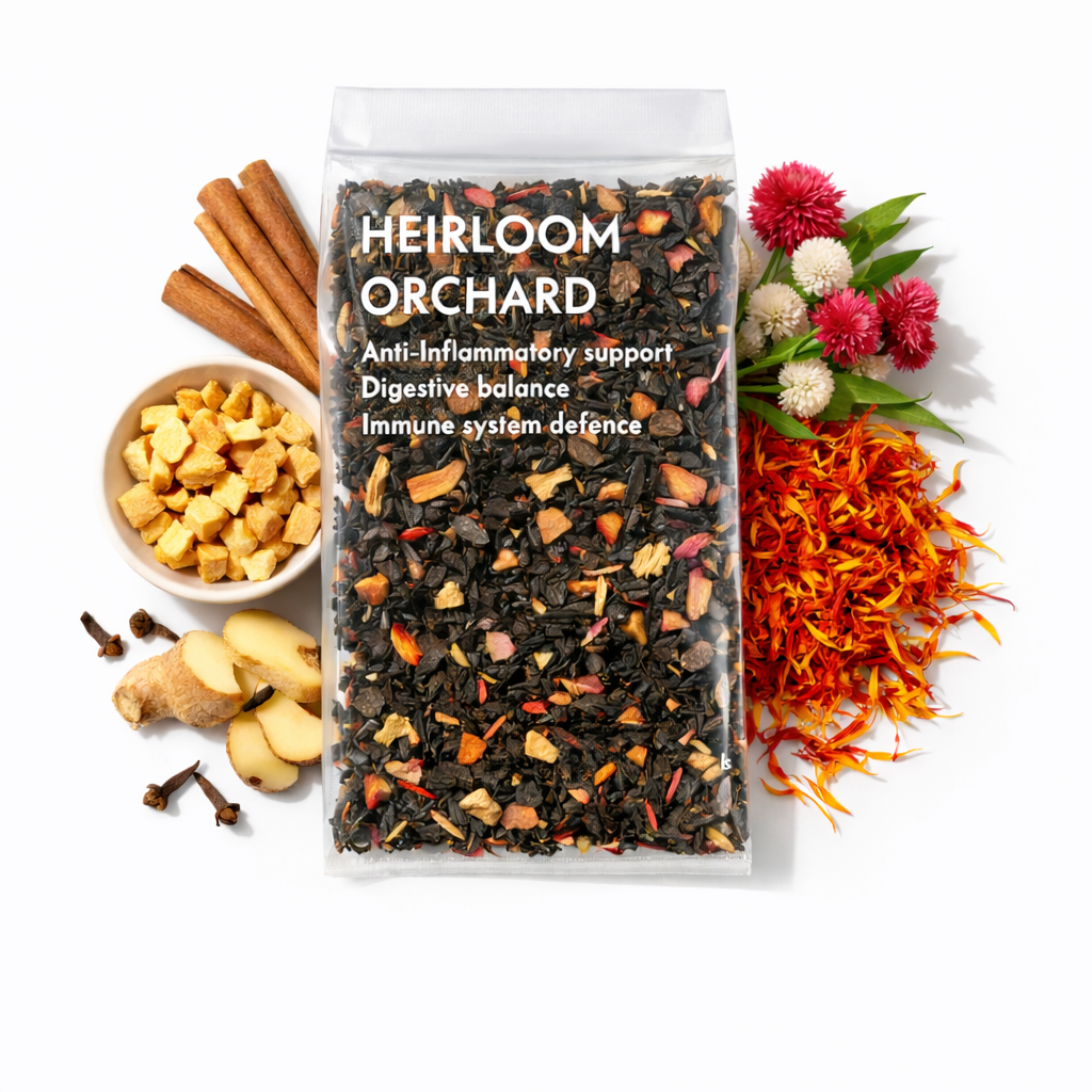 Tea package labeled 'Heirloom Orchard' with tea leaves, flowers, and spices on a white background