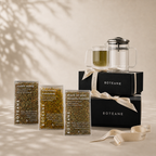 Boteane tea packaging and brewing set on a neutral background