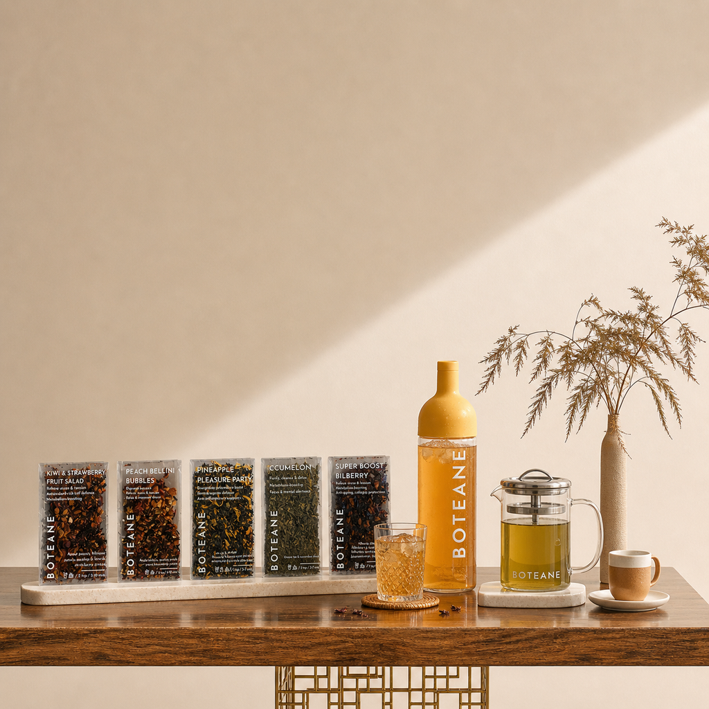Boteane products including a bottle, glass, and packaging on a wooden table with a neutral background.