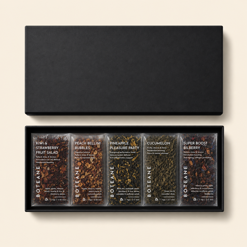 Set of Botteane tea packages in a black display box on a beige background