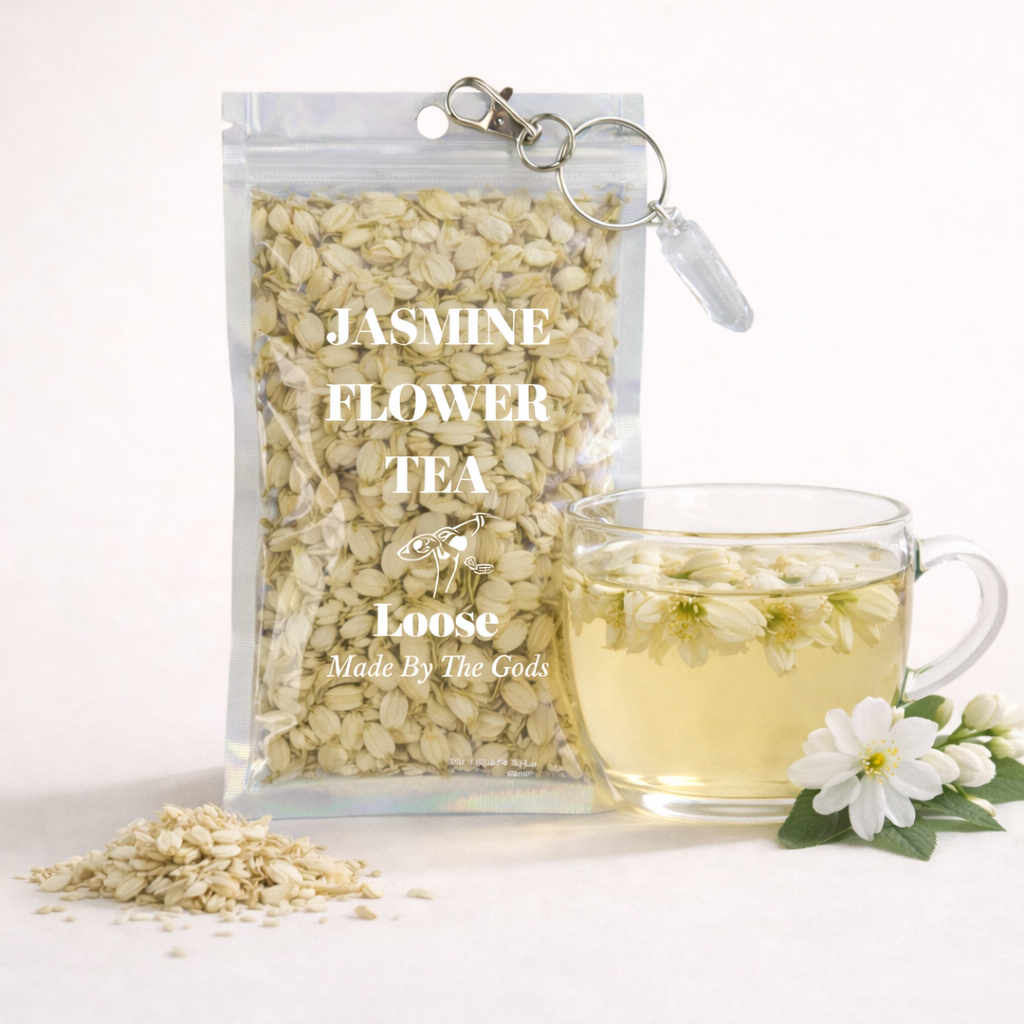 Jasmine flower tea package with a glass of tea and flowers on a white background