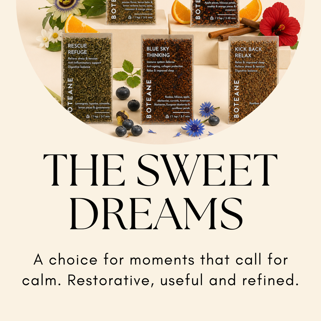Boteane products with flowers and text 'The Sweet Dreams' on a light background
