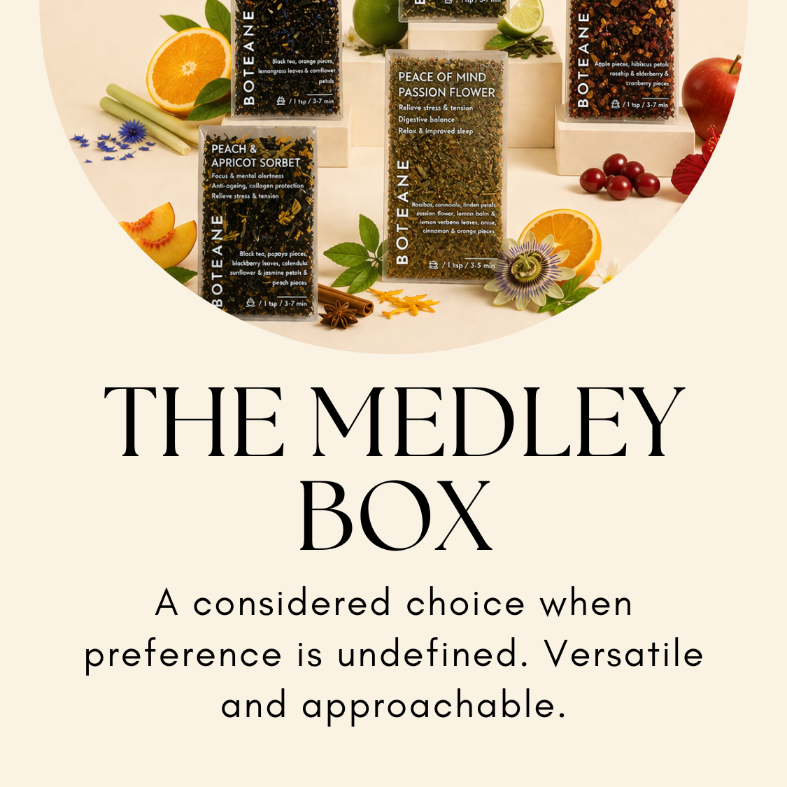 Tea boxes with fruits and flowers on a white background, featuring the text 'The Medley Box'.