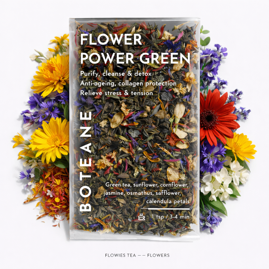Boteane Flower Power Green tea packaging with colorful flowers around it