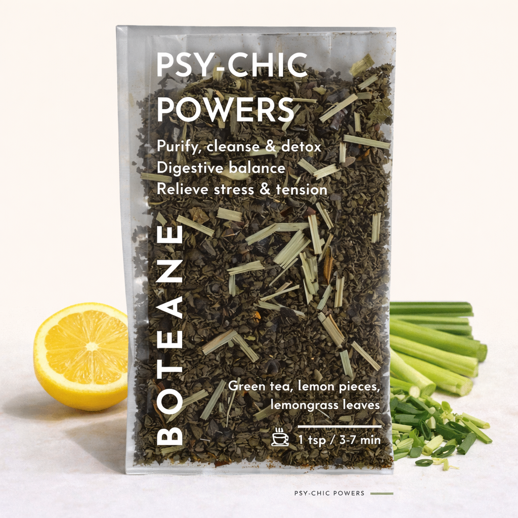 Boteane Psy-Chic Powers tea package with lemon and lemongrass on a white background