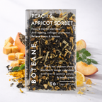 Tea package labeled 'Peach & Apricot Sorbet' with tea ingredients displayed around it.
