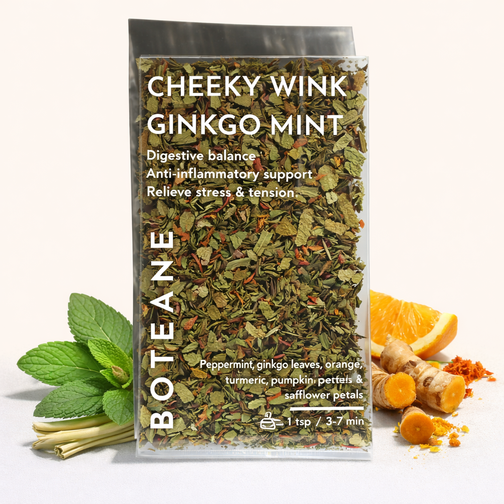 Boteane Cheeky Wink Ginkgo Mint tea package with ingredients on a white background