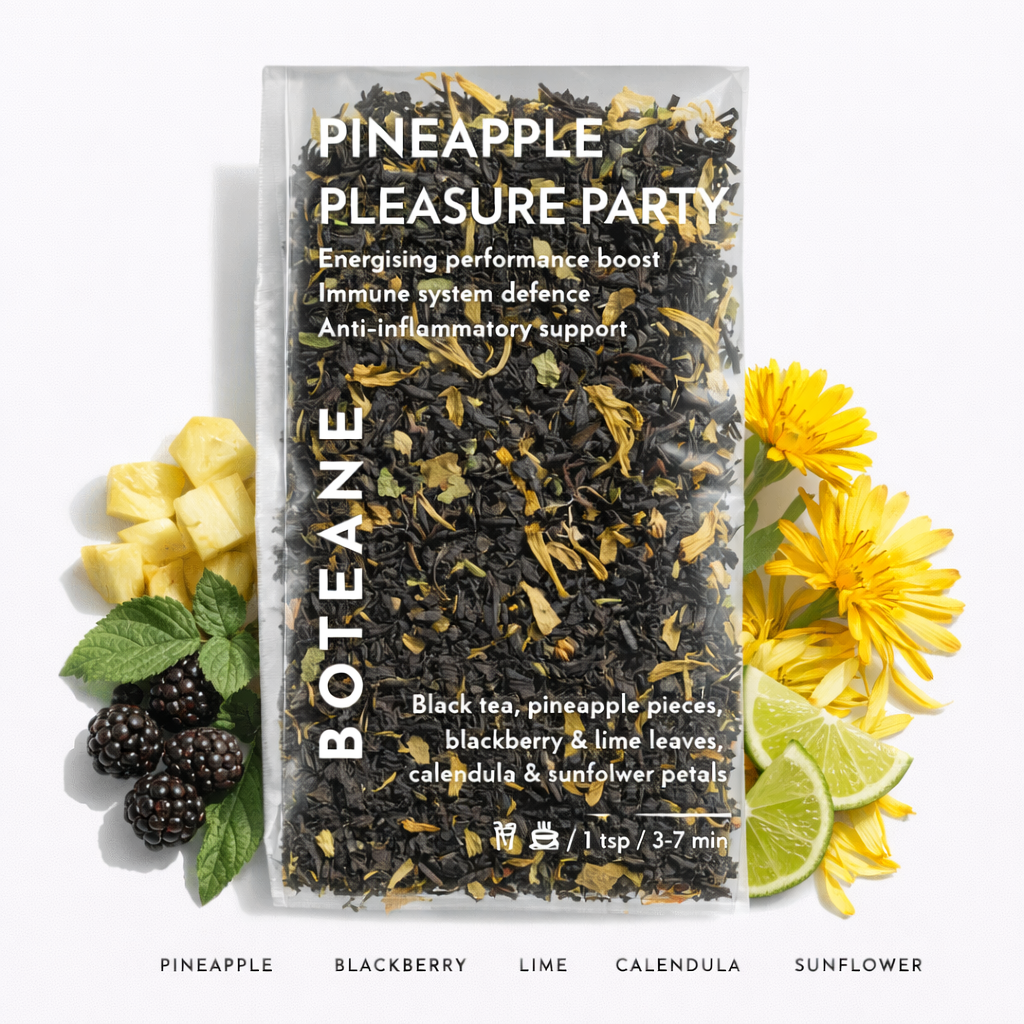 Tea package labeled 'Pineapple Pleasure Party' with tea leaves, pineapple pieces, and flowers on a white background.