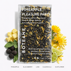 Tea package labeled 'Pineapple Pleasure Party' with tea leaves, pineapple pieces, and flowers on a white background.