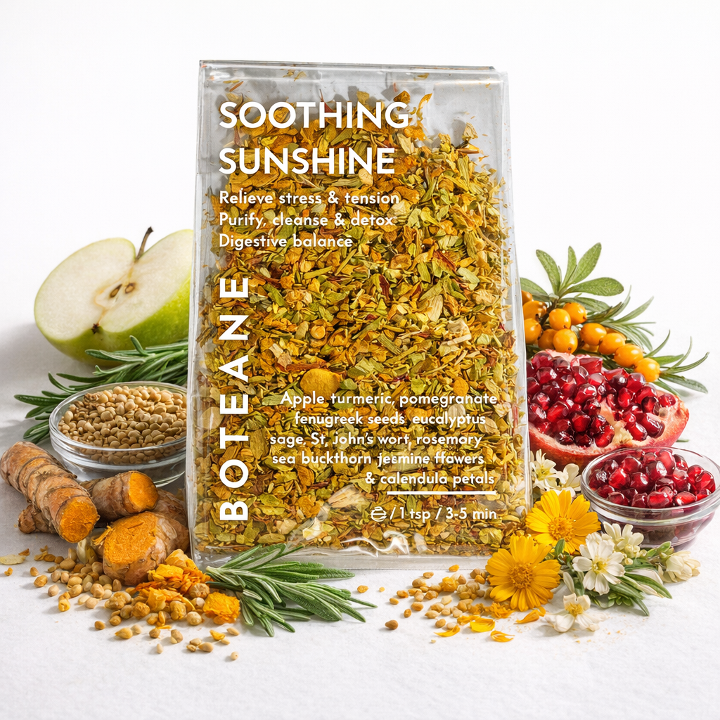 Boteane soothing sunshine product with herbs and fruits on a white background