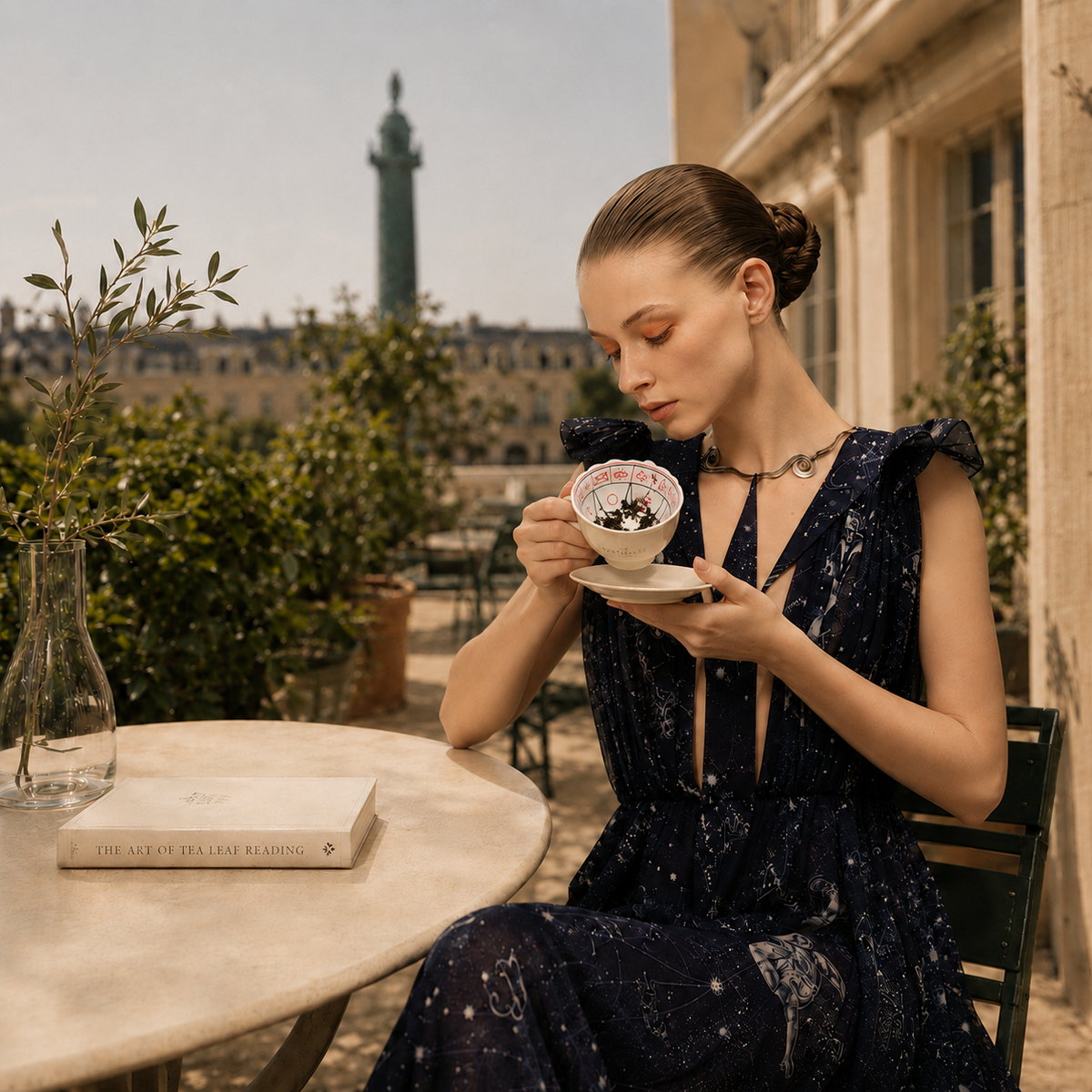 A woman reading her tea leaves on a Parisian rooftop terrace, The Art of Tea Leaf Reading beside her