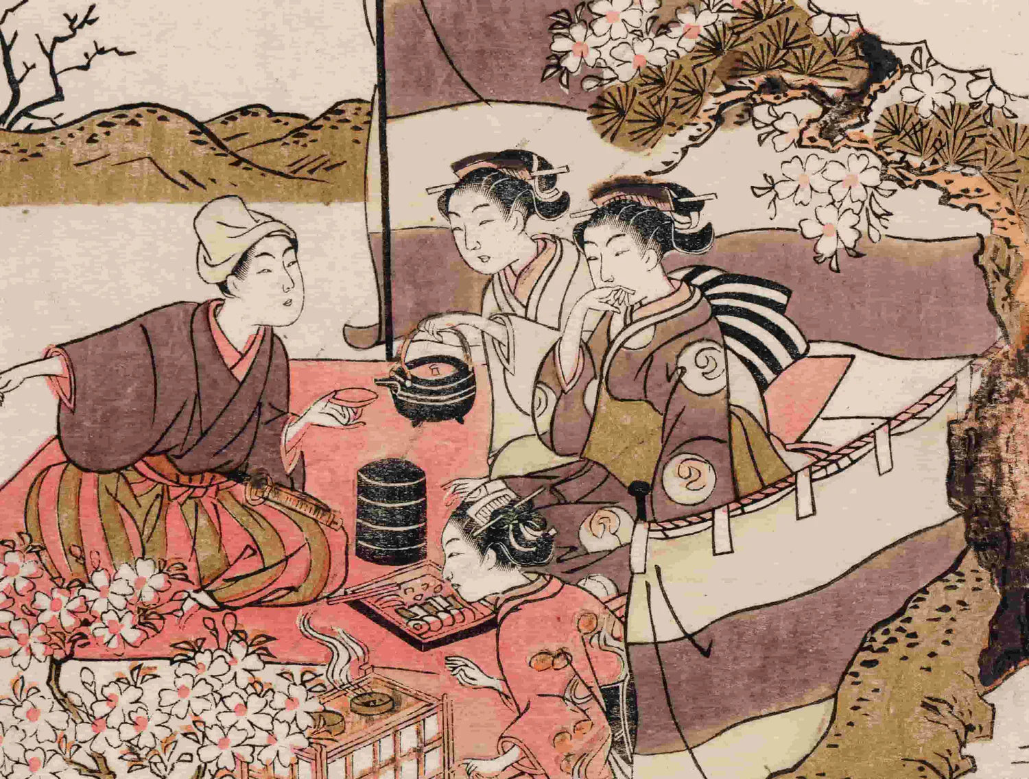 A traditional Japanese-style artwork of women gathered outdoors near flowering trees with a tea set, in muted beige, pink and green tones