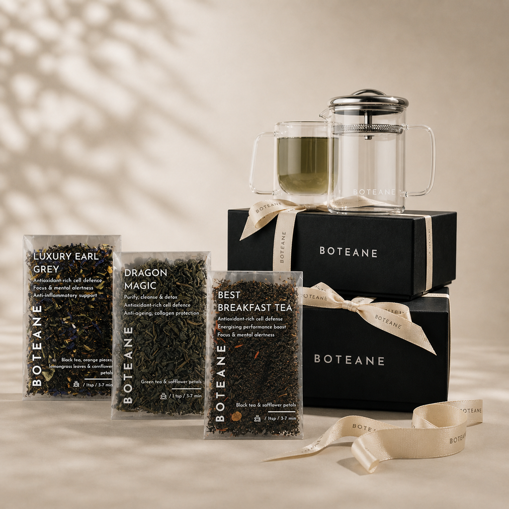 Boteane tea packaging with a glass teapot on a neutral background