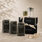 Boteane tea packaging with a glass teapot on a neutral background