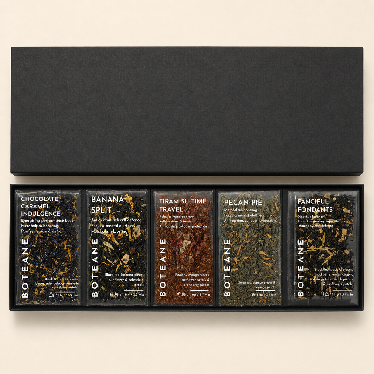 Boteane chocolate packaging with five different flavors on a beige background