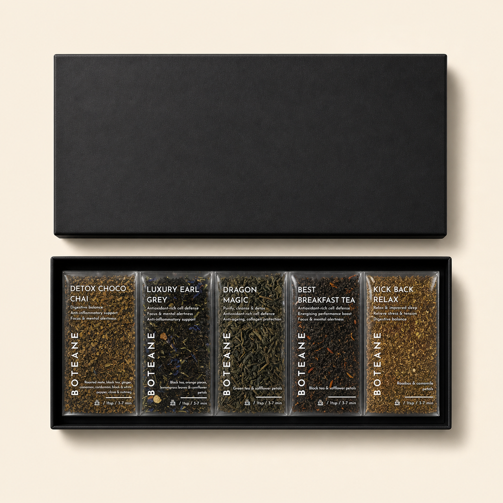 Tea box with various tea bags labeled boteane on a beige background