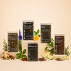 Collection of Botene tea packages with various teas and botanical elements on a beige background