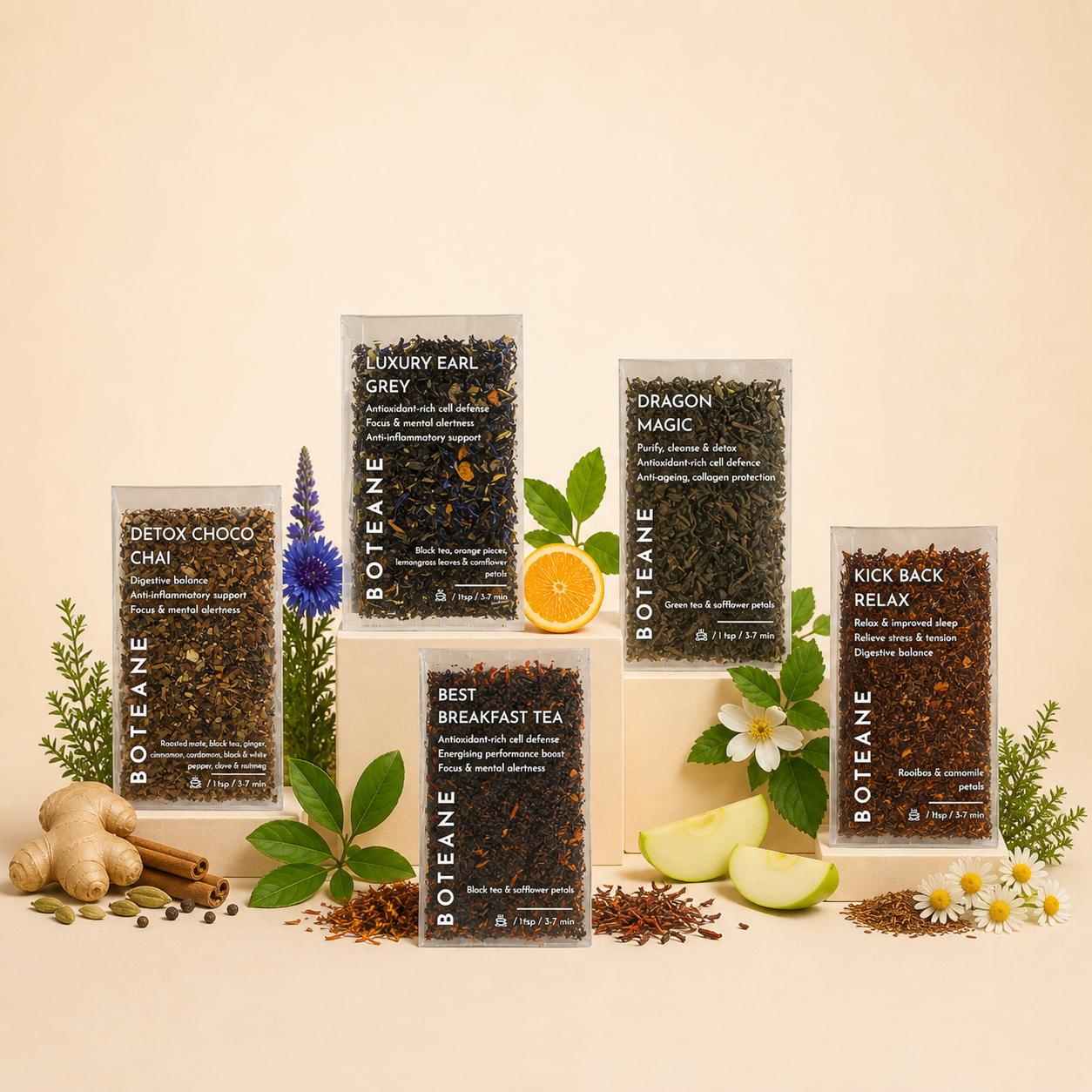 Collection of Botene tea packages with various teas and botanical elements on a beige background